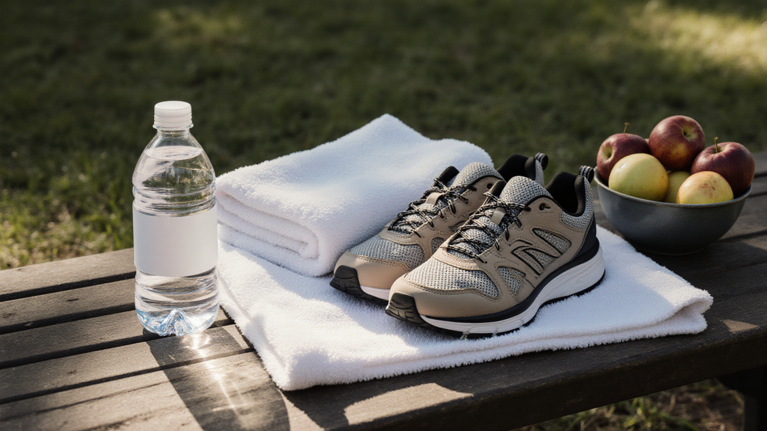Bottle, towel, and fruit on a shaded bench for post-walk cooling