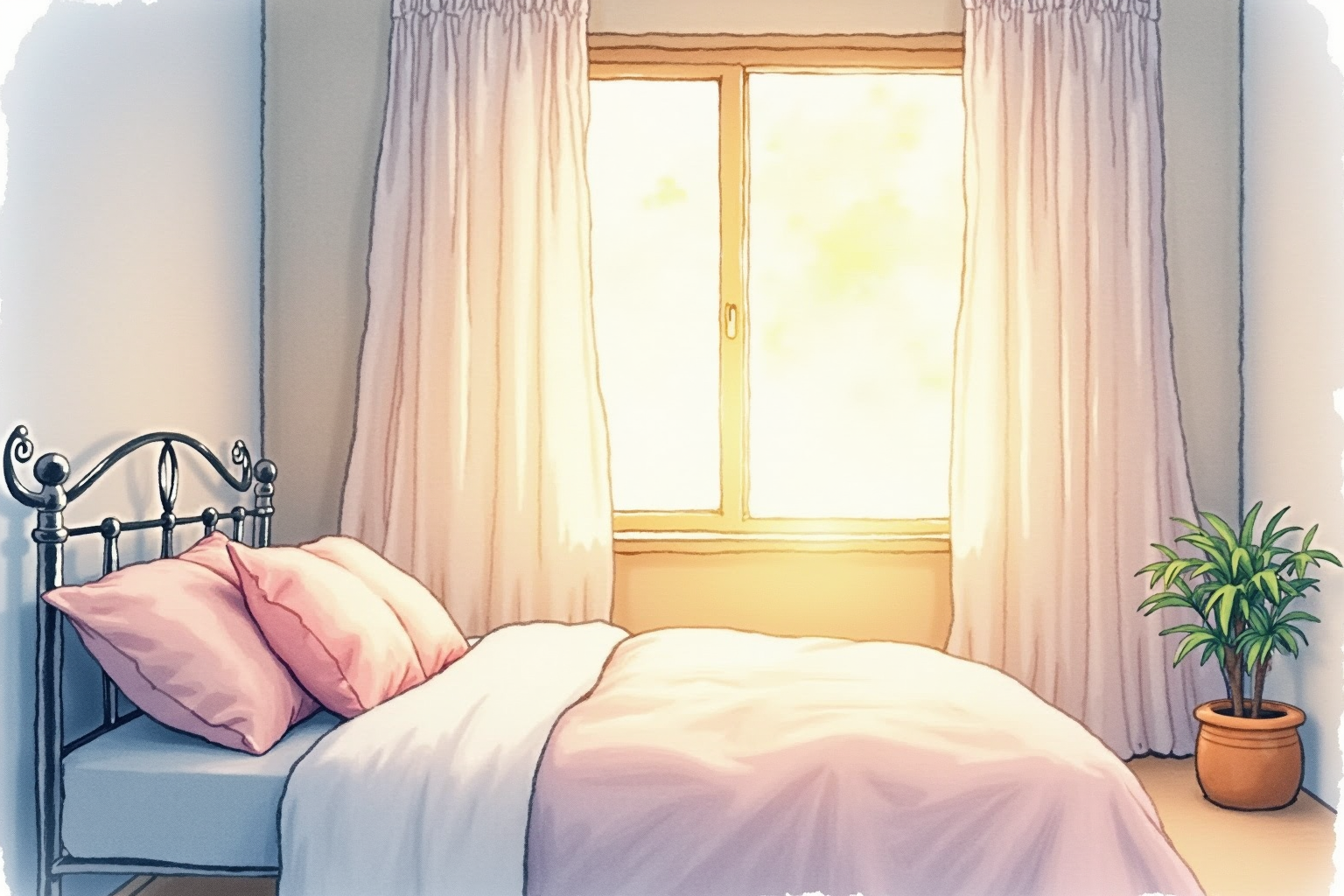 Peaceful bedroom at dawn with morning light entering