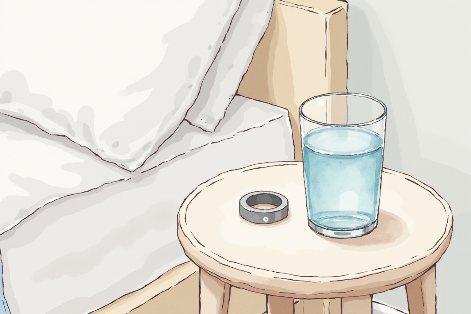 Smart ring on a bedside table beside a glass of water