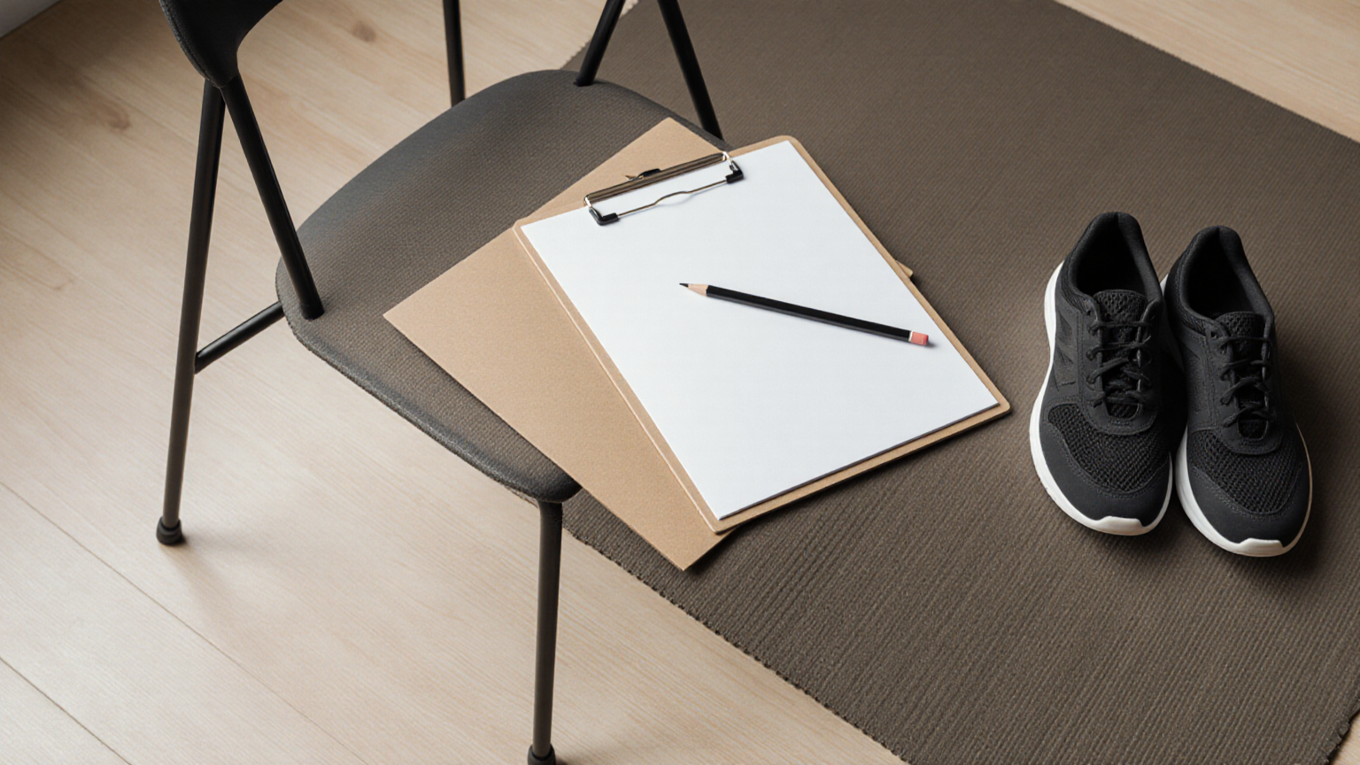 A blank training log beside a chair and walking shoes