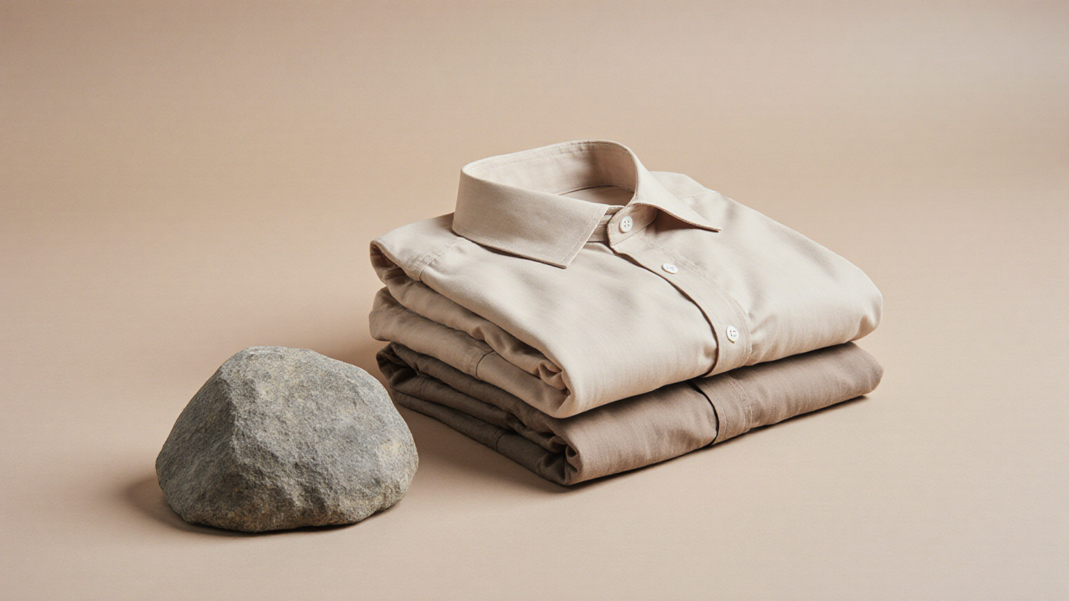 Folded neutral shirts and smooth stones arranged as a consistency metaphor