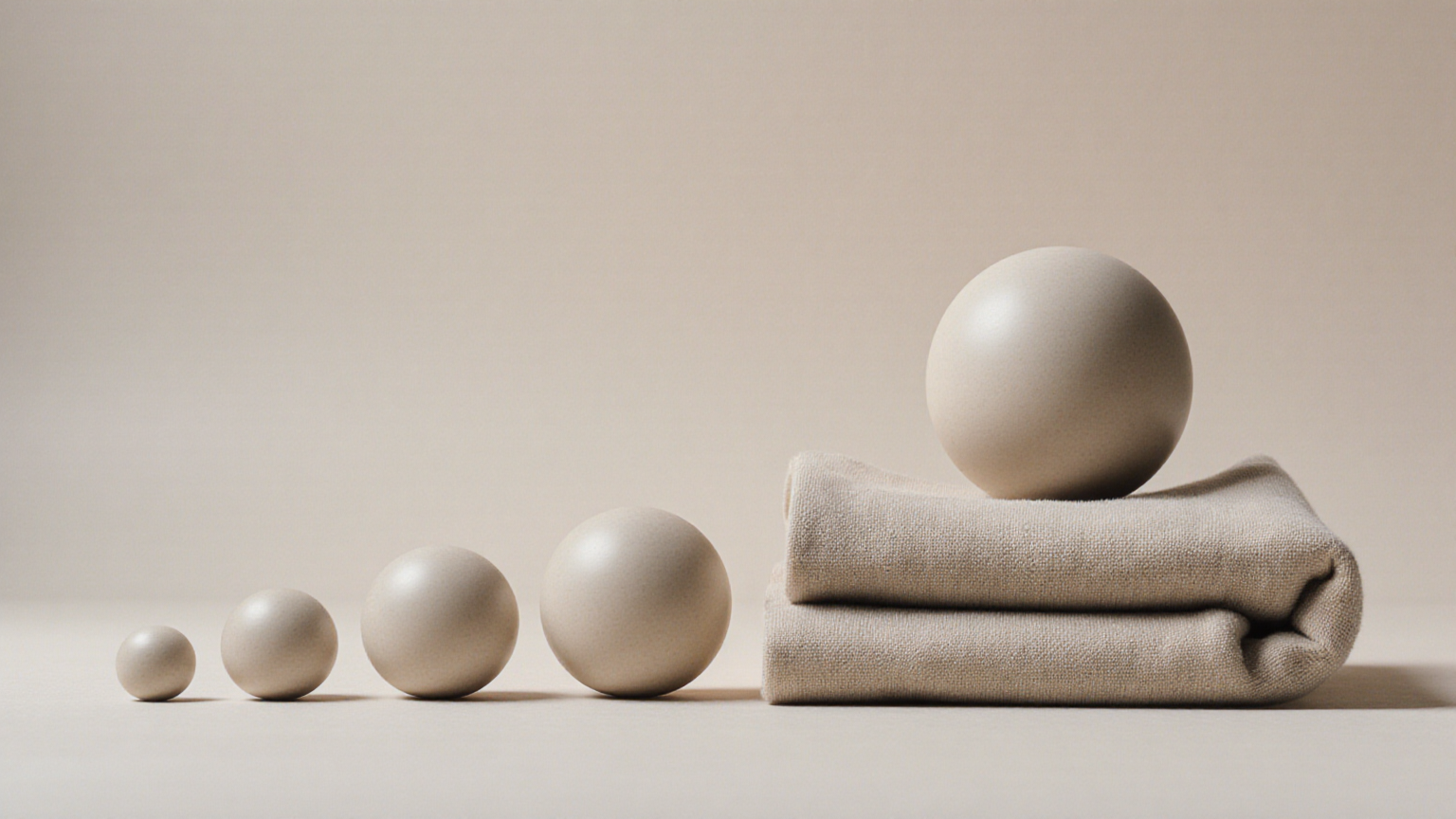 Five plain ceramic spheres arranged as a measurement-trend metaphor