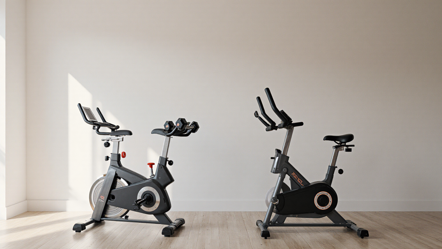 A bicycle and dumbbell station arranged as two distinct training options