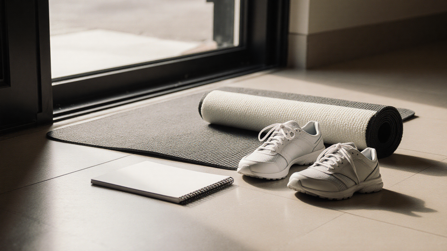 Walking shoes and mobility equipment ready by a clear entryway